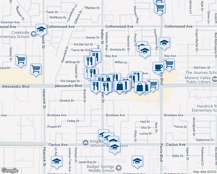 map of restaurants, bars, coffee shops, grocery stores, and more near 24549 Alessandro Boulevard in Moreno Valley