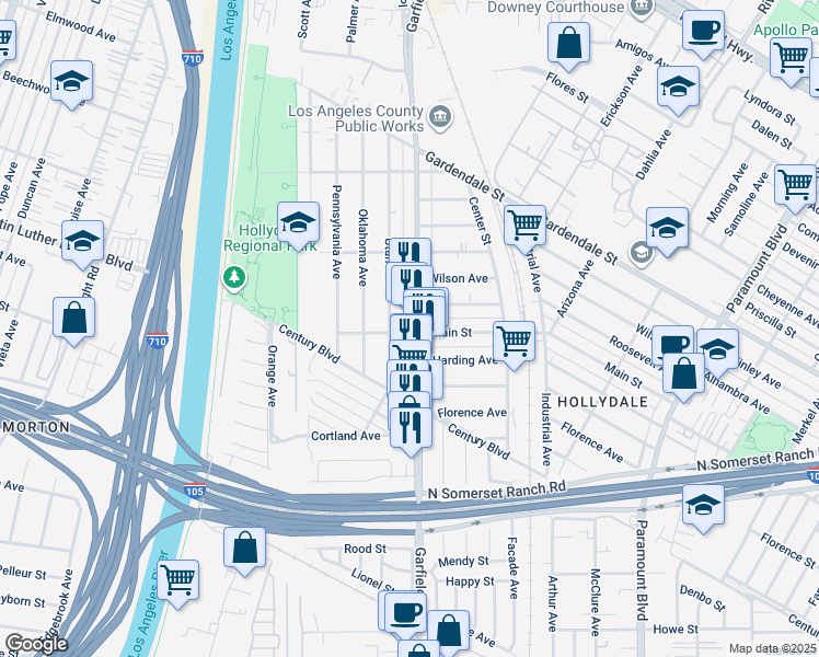 map of restaurants, bars, coffee shops, grocery stores, and more near 12112 Utah Avenue in South Gate