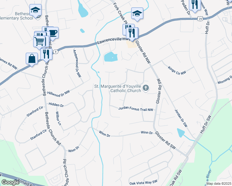 map of restaurants, bars, coffee shops, grocery stores, and more near 2926 Swarthmore Drive Northwest in Lawrenceville