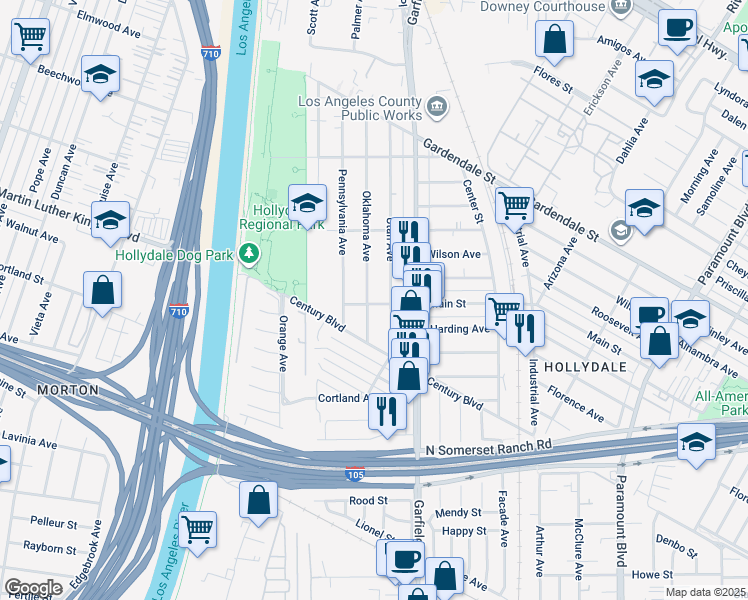 map of restaurants, bars, coffee shops, grocery stores, and more near 12026 Oklahoma Avenue in South Gate