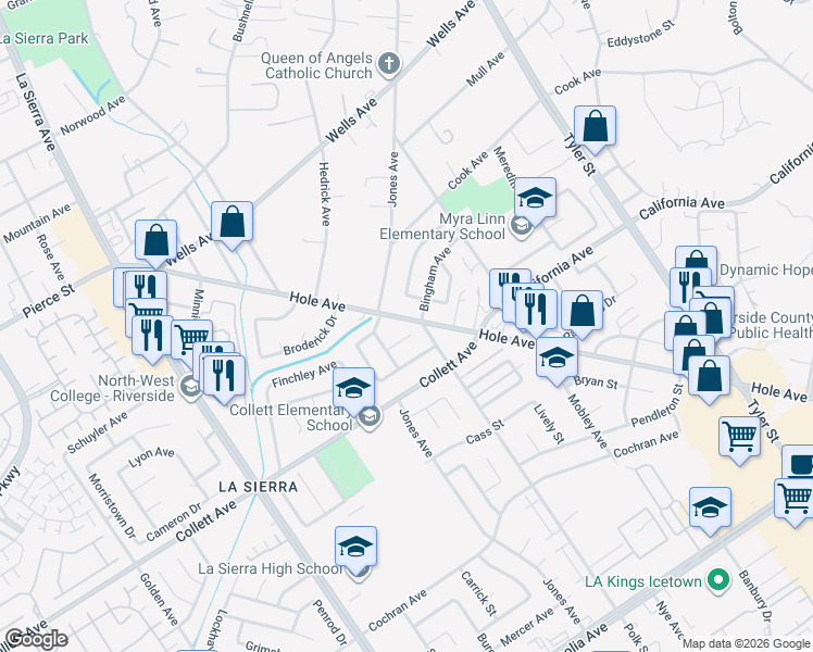 map of restaurants, bars, coffee shops, grocery stores, and more near 10720 Katrina Court in Riverside