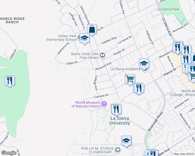 map of restaurants, bars, coffee shops, grocery stores, and more near 11680 Richmond Street in Riverside
