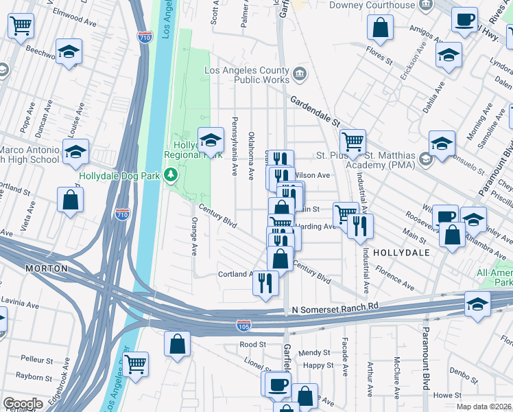 map of restaurants, bars, coffee shops, grocery stores, and more near 12026 Oklahoma Avenue in South Gate