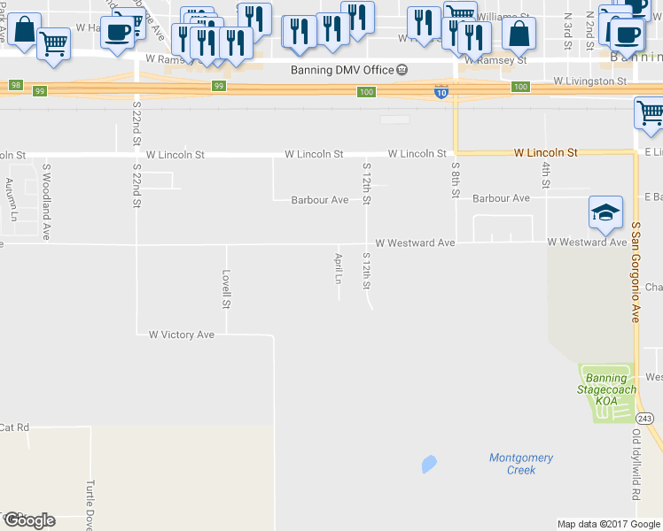 map of restaurants, bars, coffee shops, grocery stores, and more near 897 April Lane in Banning