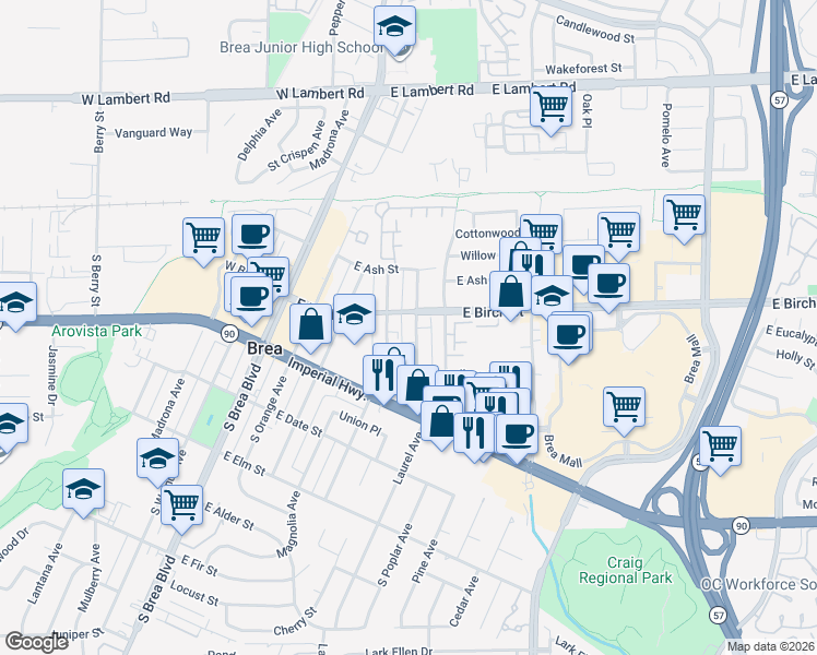 map of restaurants, bars, coffee shops, grocery stores, and more near 201 Laurel Avenue in Brea