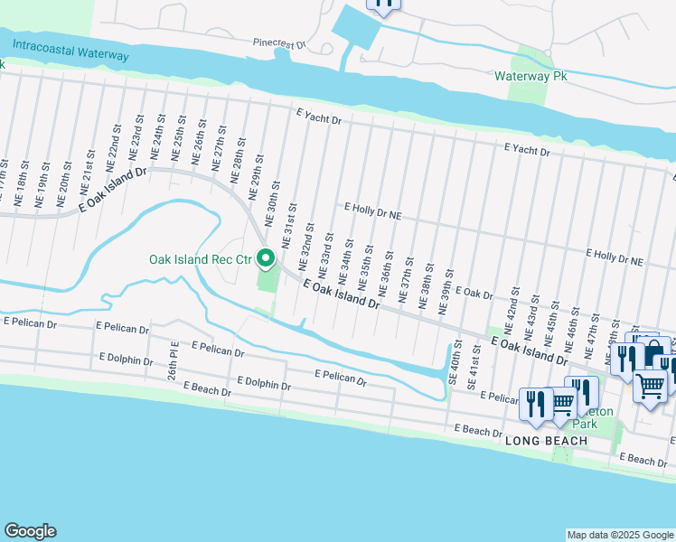 map of restaurants, bars, coffee shops, grocery stores, and more near 105 Northeast 34th Street in Oak Island