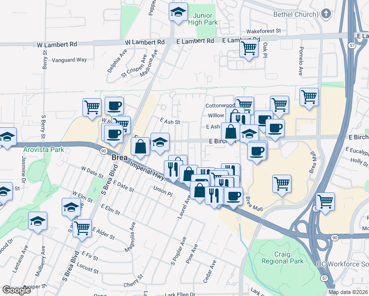 map of restaurants, bars, coffee shops, grocery stores, and more near in Brea