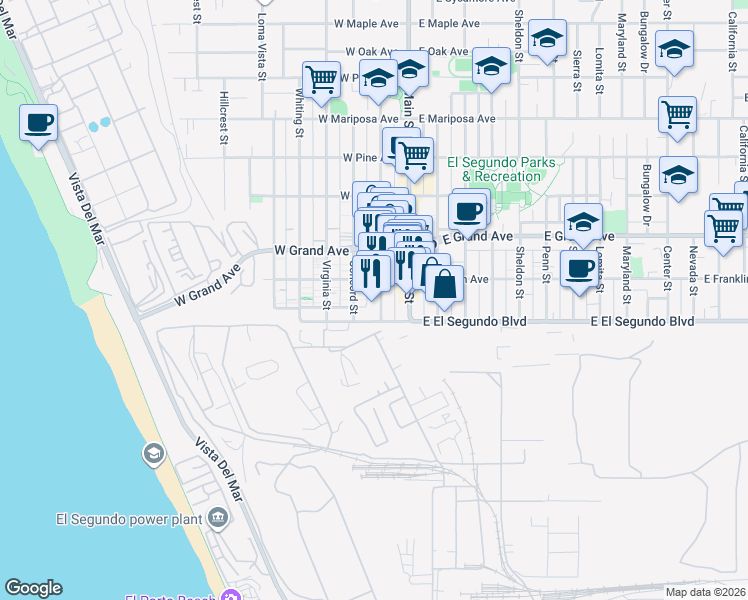 map of restaurants, bars, coffee shops, grocery stores, and more near 125 Richmond Street in El Segundo