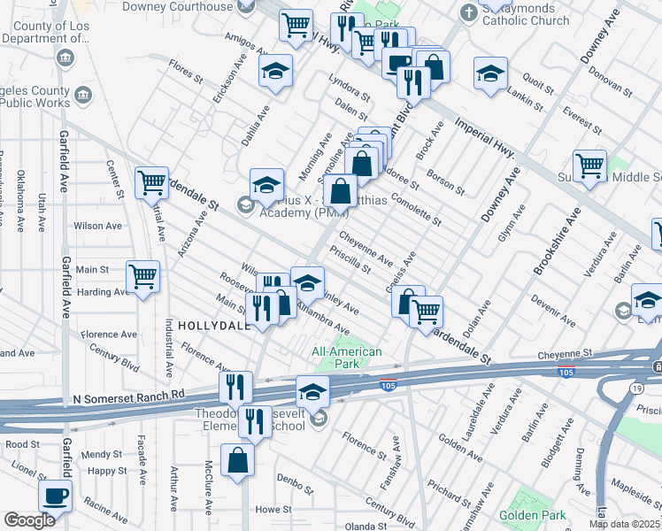 map of restaurants, bars, coffee shops, grocery stores, and more near 8025 Gardendale Street in Downey