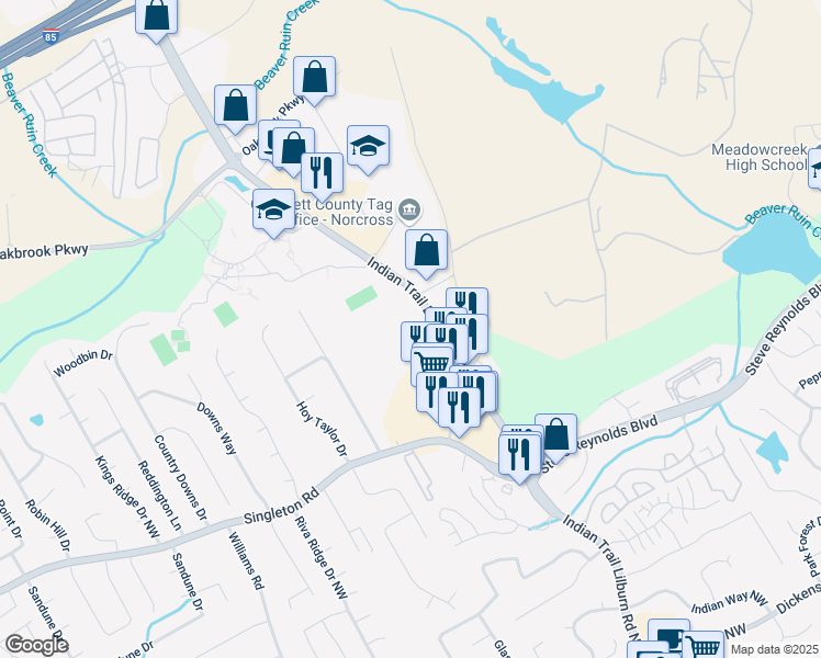 map of restaurants, bars, coffee shops, grocery stores, and more near 1355 Indian Trail Lilburn Road Northwest in Norcross