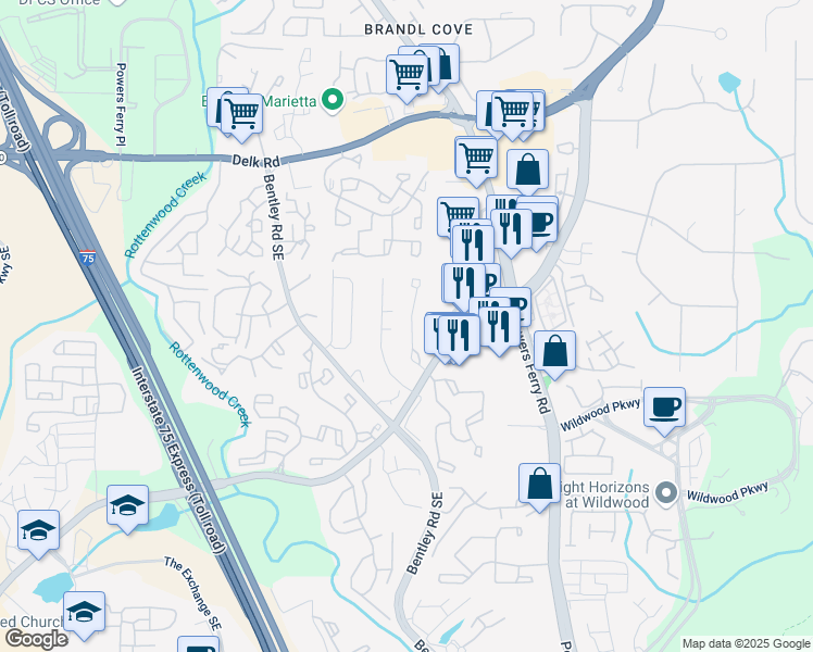 map of restaurants, bars, coffee shops, grocery stores, and more near 1400 Old Virginia Court Southeast in Marietta