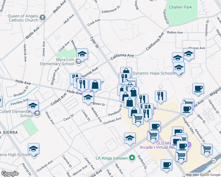 map of restaurants, bars, coffee shops, grocery stores, and more near 10396 Wagner Way in Riverside