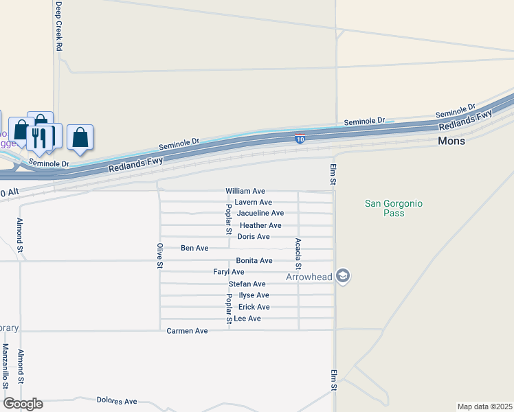 map of restaurants, bars, coffee shops, grocery stores, and more near Cabazon Street in Cabazon