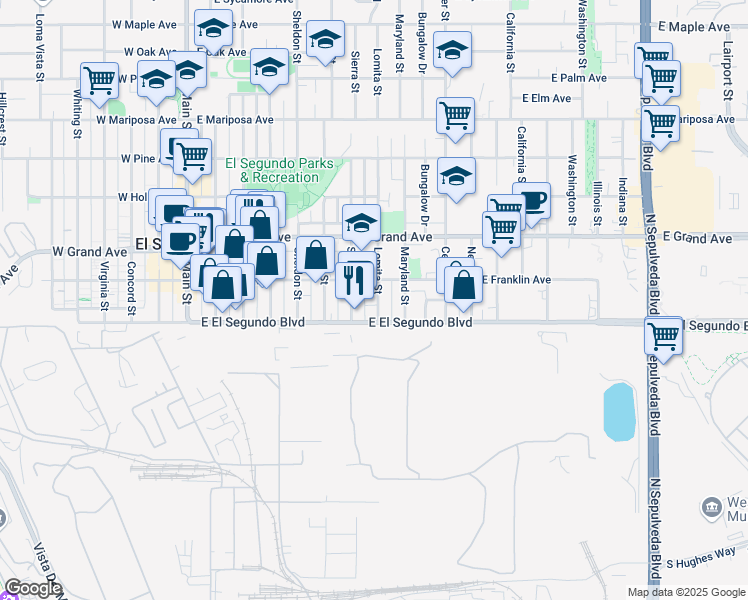 map of restaurants, bars, coffee shops, grocery stores, and more near 713 East El Segundo Boulevard in El Segundo