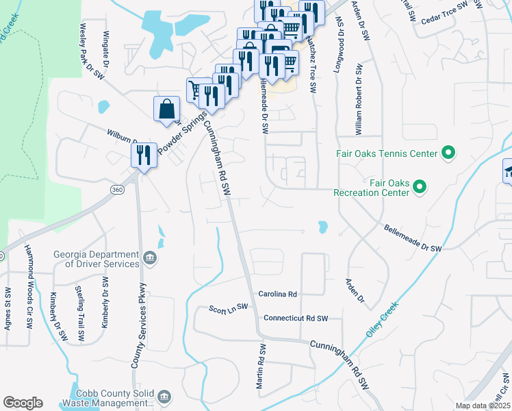 map of restaurants, bars, coffee shops, grocery stores, and more near 1454 Bellemeade Court Southwest in Marietta
