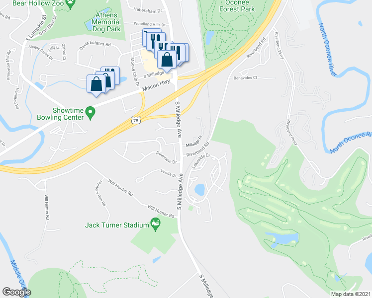 map of restaurants, bars, coffee shops, grocery stores, and more near 2175 South Milledge Avenue in Athens