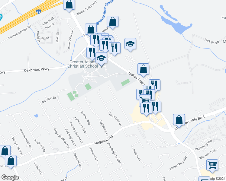 map of restaurants, bars, coffee shops, grocery stores, and more near 1407 Sugarwood Lane in Norcross