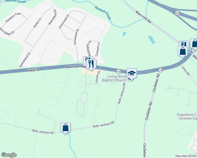 map of restaurants, bars, coffee shops, grocery stores, and more near 1547 Lincoln Drive in Watkinsville