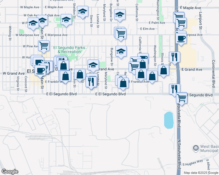 map of restaurants, bars, coffee shops, grocery stores, and more near 1017 Bungalow Drive in El Segundo
