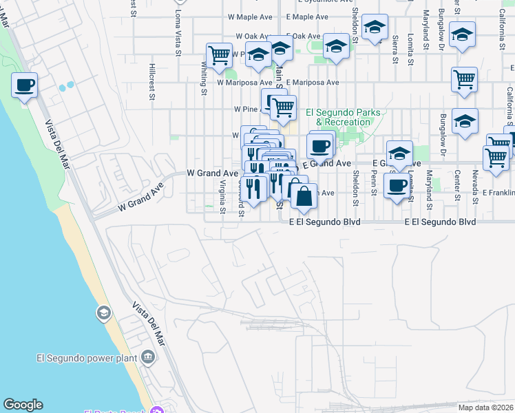 map of restaurants, bars, coffee shops, grocery stores, and more near 125 Richmond Street in El Segundo