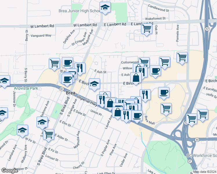 map of restaurants, bars, coffee shops, grocery stores, and more near in Brea