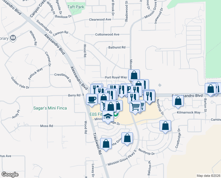 map of restaurants, bars, coffee shops, grocery stores, and more near 200 Alessandro Boulevard in Riverside