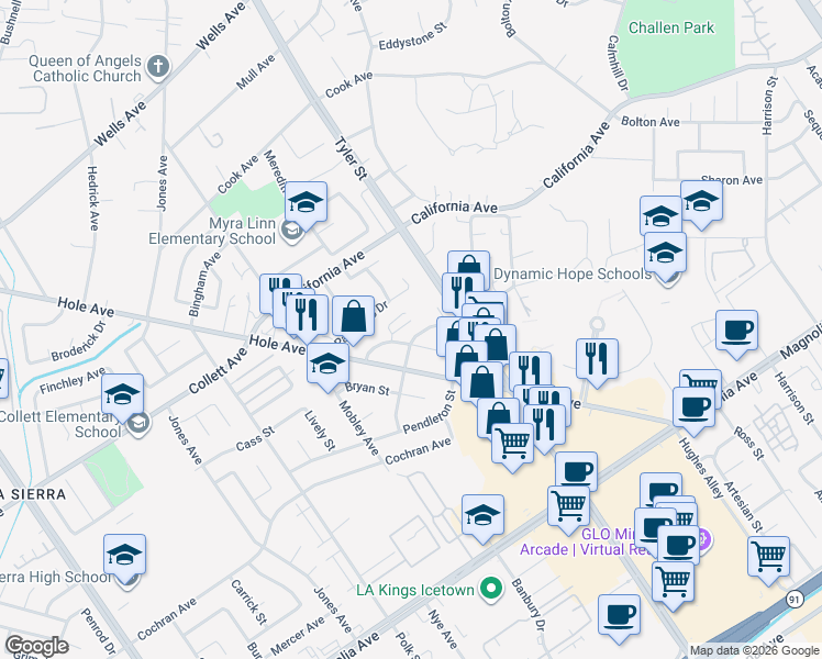 map of restaurants, bars, coffee shops, grocery stores, and more near 10396 Wagner Way in Riverside