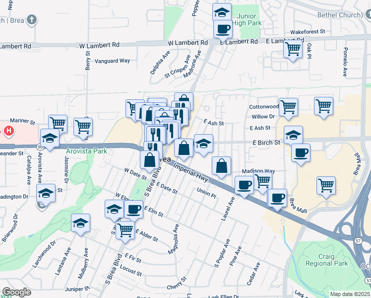 map of restaurants, bars, coffee shops, grocery stores, and more near 230 South Orange Avenue in Brea
