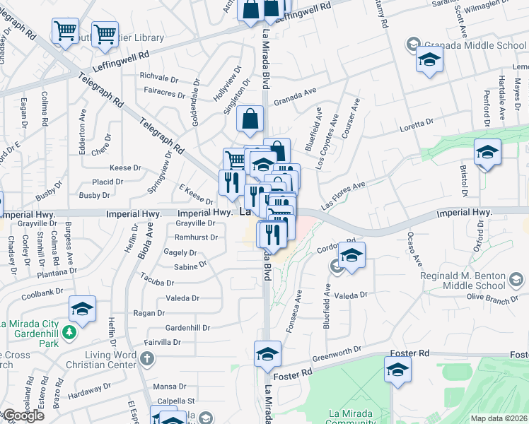 map of restaurants, bars, coffee shops, grocery stores, and more near 14901 Adelfa Drive in La Mirada