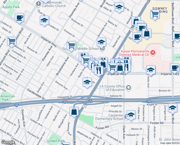 map of restaurants, bars, coffee shops, grocery stores, and more near 12653 Lakewood Boulevard in Downey