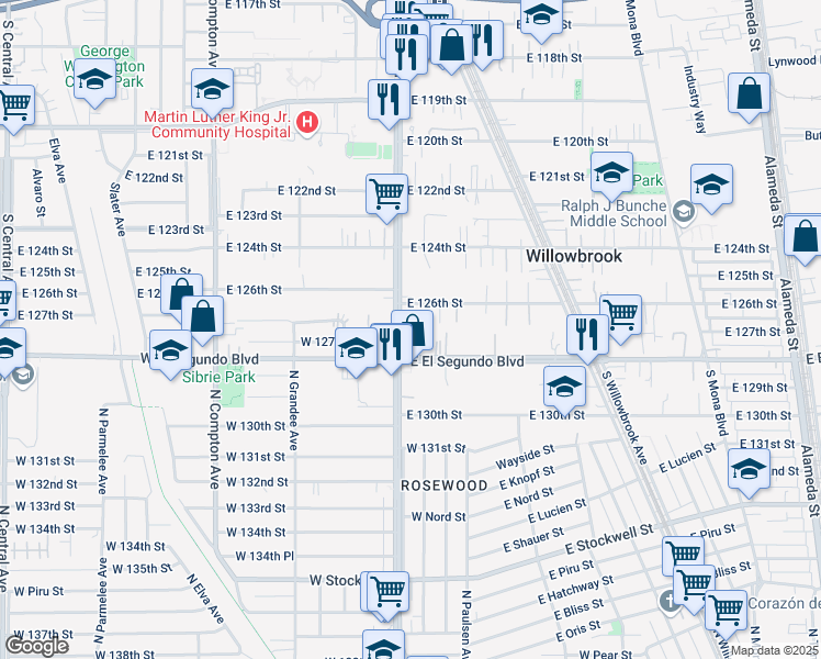 map of restaurants, bars, coffee shops, grocery stores, and more near in Willowbrook