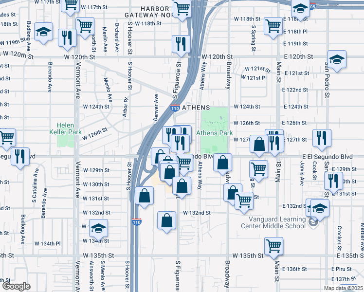 map of restaurants, bars, coffee shops, grocery stores, and more near 12738 South Figueroa Street in Los Angeles