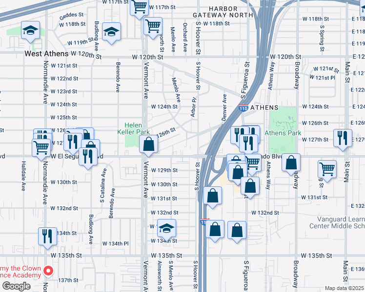 map of restaurants, bars, coffee shops, grocery stores, and more near 737 West El Segundo Boulevard in Gardena