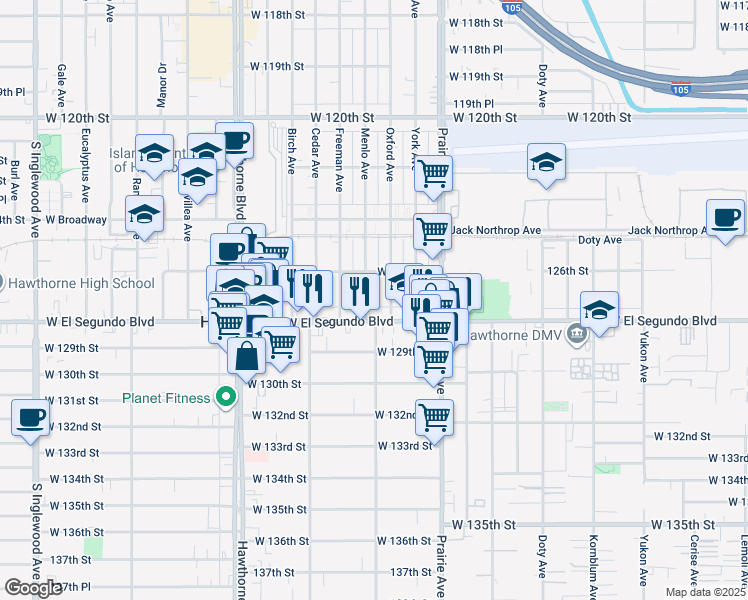 map of restaurants, bars, coffee shops, grocery stores, and more near 4141 West El Segundo Boulevard in Hawthorne