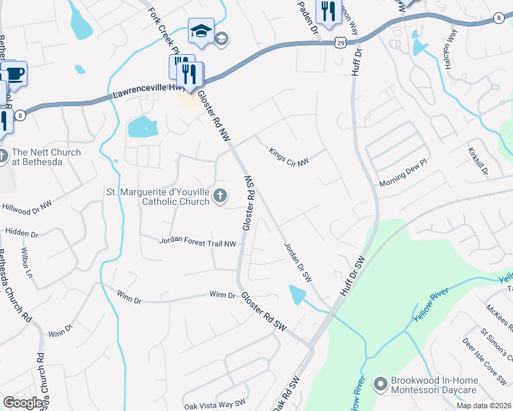 map of restaurants, bars, coffee shops, grocery stores, and more near 350 Hulan Way in Lawrenceville