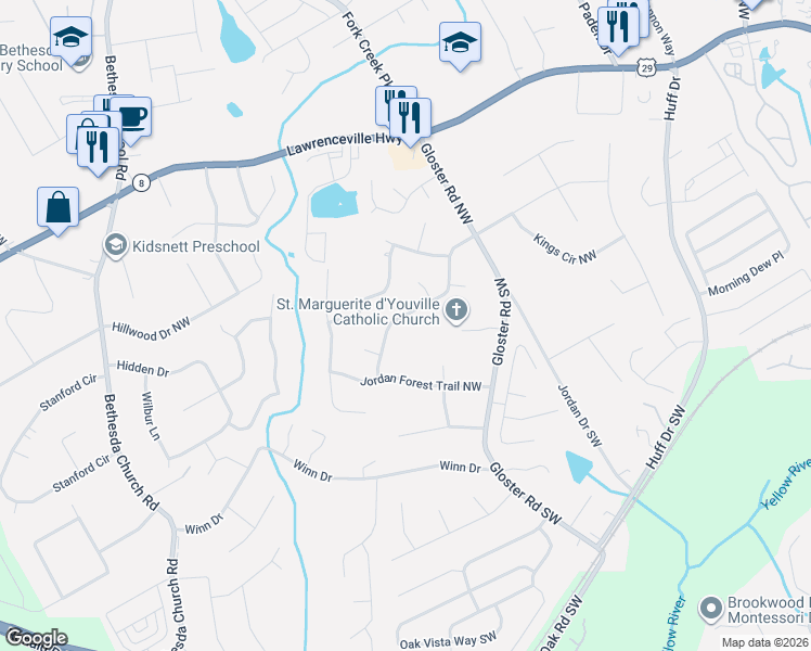map of restaurants, bars, coffee shops, grocery stores, and more near 2868 Rosemont Drive Northwest in Lawrenceville
