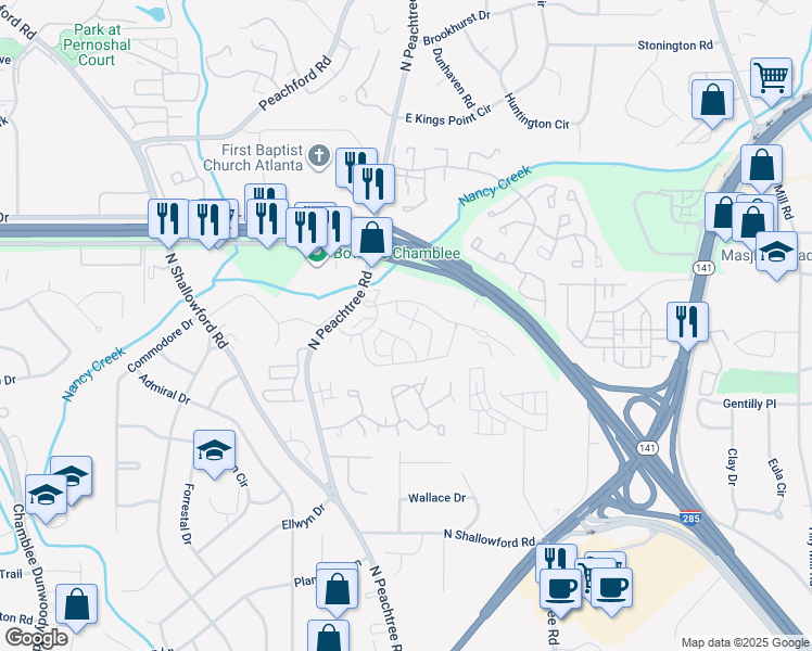 map of restaurants, bars, coffee shops, grocery stores, and more near 2314 Kaylen Drive in Chamblee