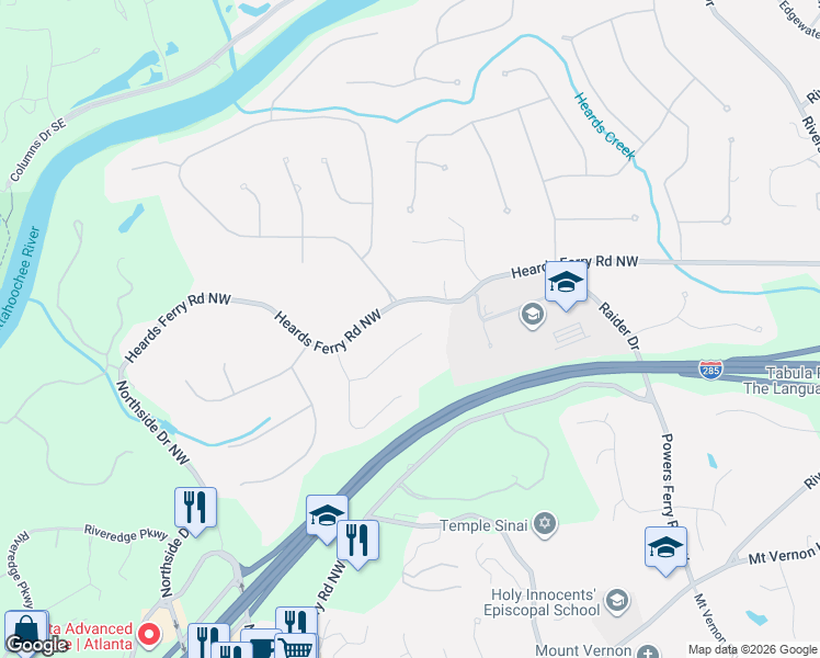 map of restaurants, bars, coffee shops, grocery stores, and more near 16 Heards Overlook Court Northwest in Atlanta