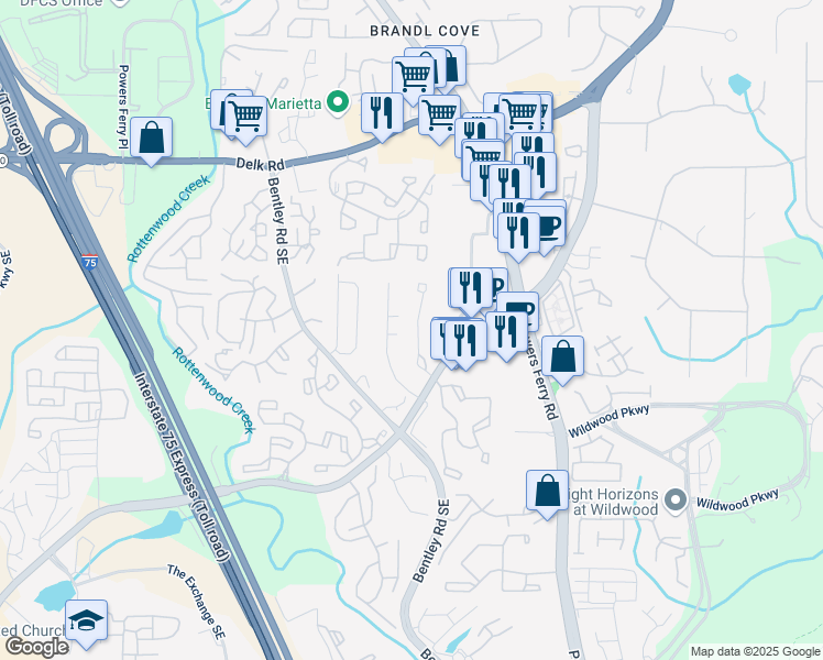 map of restaurants, bars, coffee shops, grocery stores, and more near 1400 Old Virginia Court Southeast in Marietta