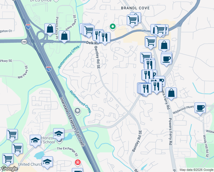 map of restaurants, bars, coffee shops, grocery stores, and more near 2692 Twigg Circle Southeast in Marietta