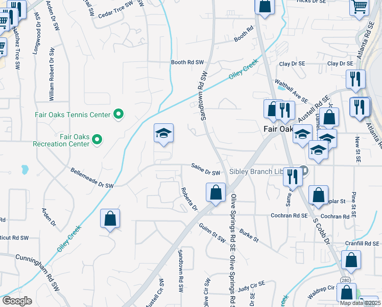 map of restaurants, bars, coffee shops, grocery stores, and more near 123 Saine Drive Southwest in Marietta