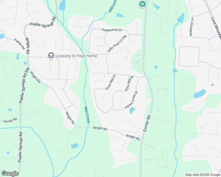 map of restaurants, bars, coffee shops, grocery stores, and more near 1325 Echo Mill Court in Powder Springs