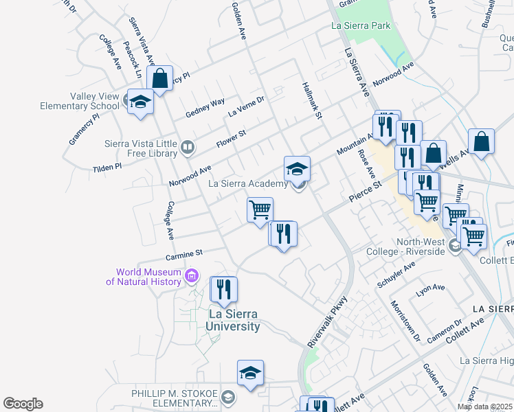 map of restaurants, bars, coffee shops, grocery stores, and more near 4981 Tulsa Avenue in Riverside
