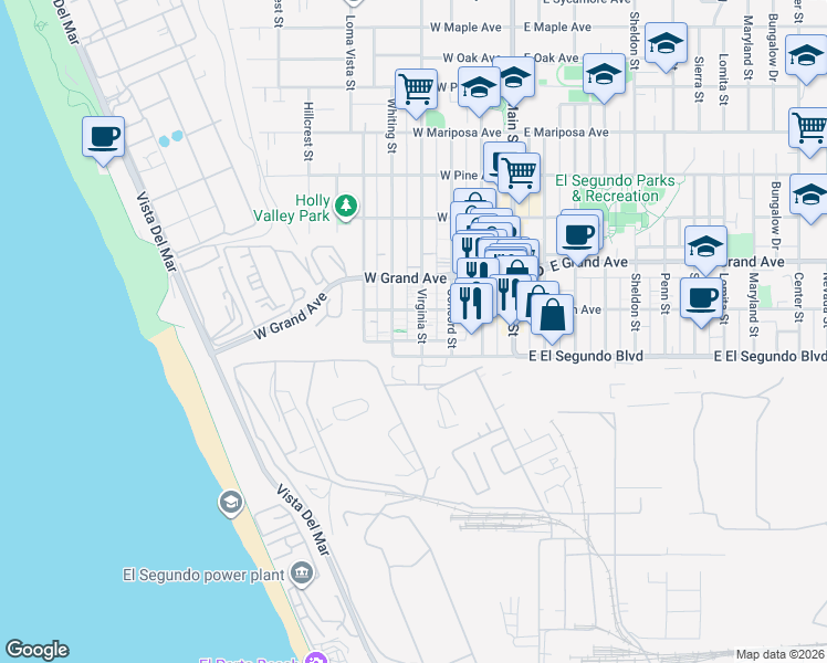 map of restaurants, bars, coffee shops, grocery stores, and more near 127 Virginia Street in El Segundo