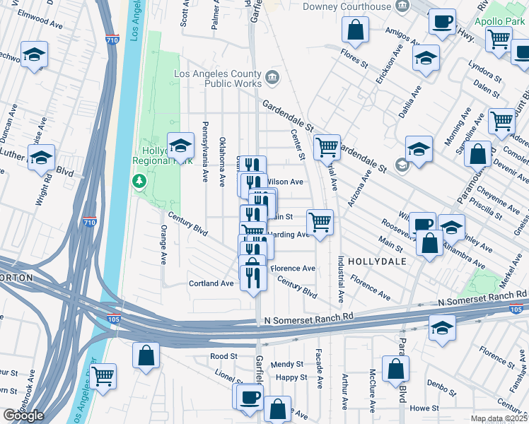 map of restaurants, bars, coffee shops, grocery stores, and more near 12112 Garfield Avenue in South Gate