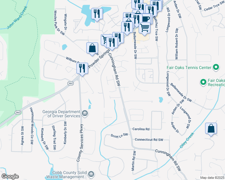 map of restaurants, bars, coffee shops, grocery stores, and more near 1486 Hampton View Court Southwest in Marietta