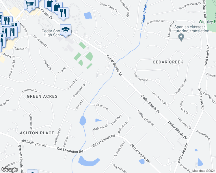 map of restaurants, bars, coffee shops, grocery stores, and more near 99 Highland Park Drive in Athens