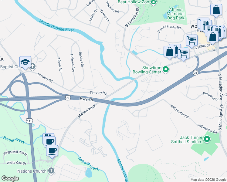 map of restaurants, bars, coffee shops, grocery stores, and more near 855 Macon Highway in Athens