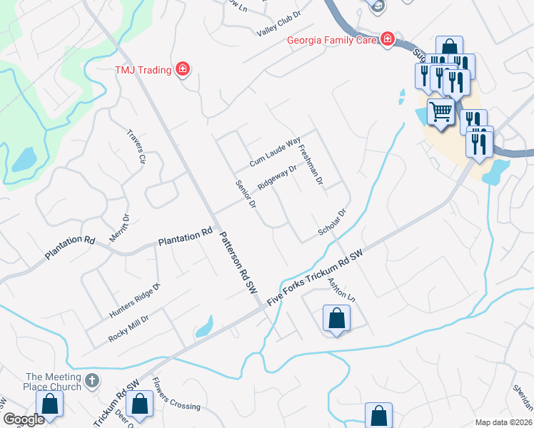 map of restaurants, bars, coffee shops, grocery stores, and more near 340 Senior Drive in Lawrenceville