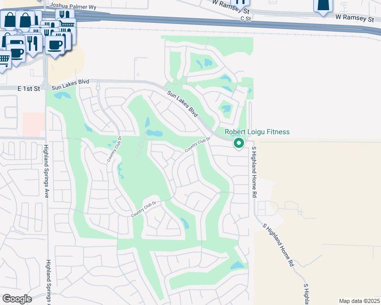 map of restaurants, bars, coffee shops, grocery stores, and more near 885 Oakland Hills Drive in Banning